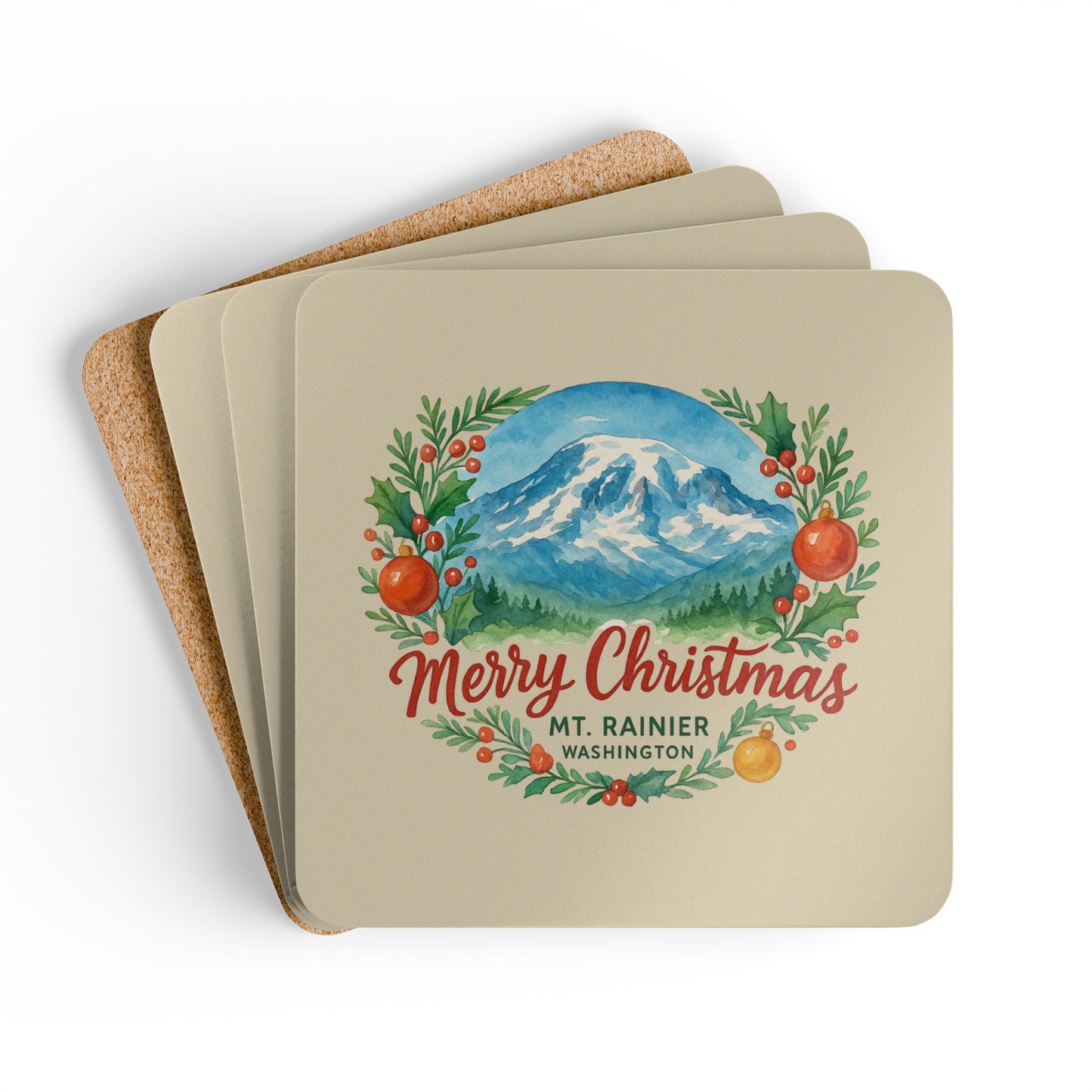 Mt. Rainier - Washington Merry Christmas Coaster Set