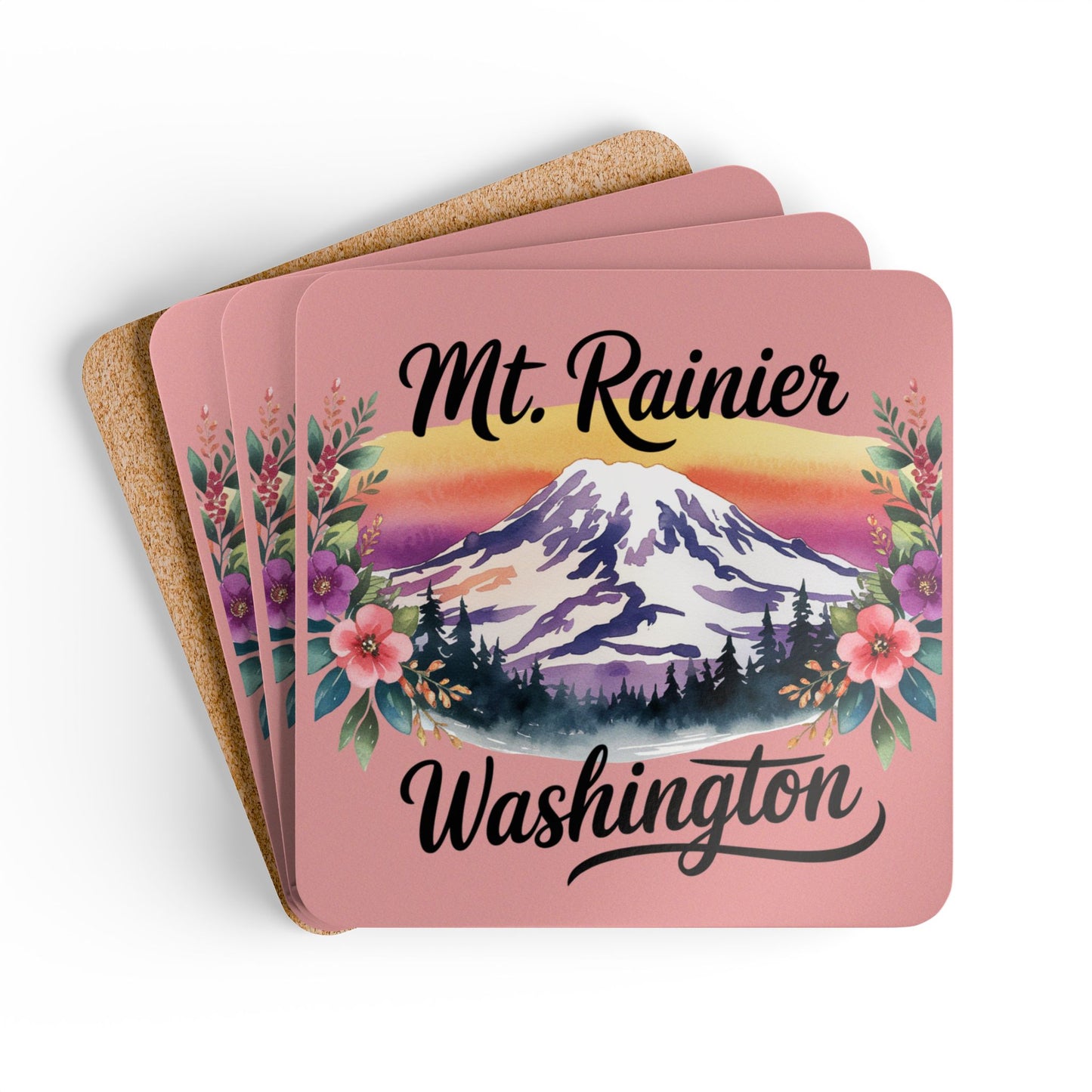 Mt. Rainier - Washington Floral Sunset Coaster Set