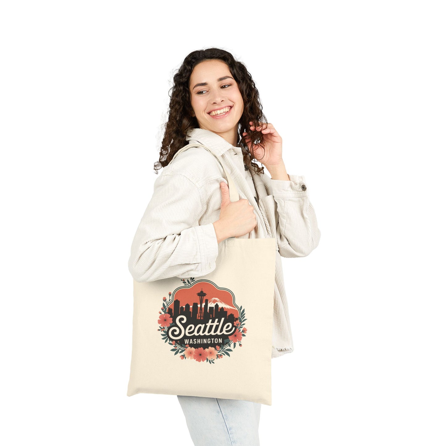 Floral Seattle City Skyline Canvas Tote Bag