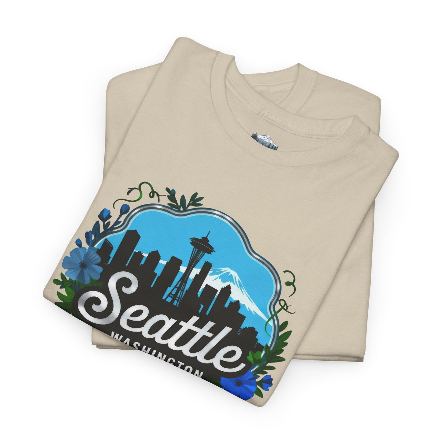 Floral Blue Seattle City Skyline T-Shirt