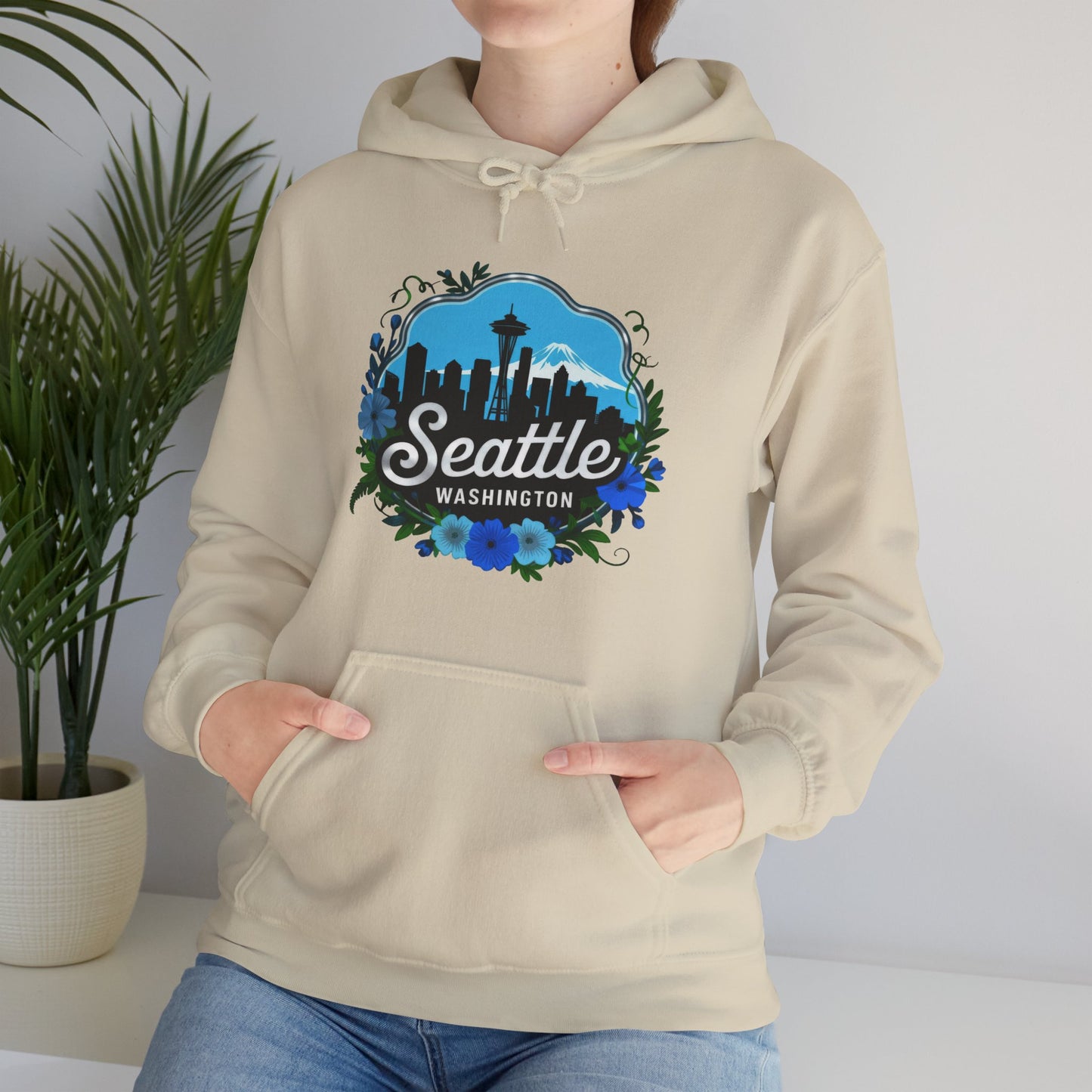 Floral Blue Seattle City Skyline Hoodie