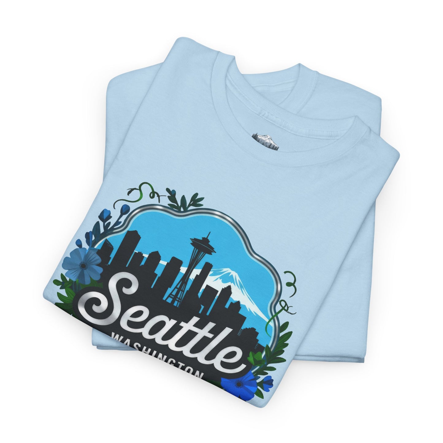 Floral Blue Seattle City Skyline T-Shirt