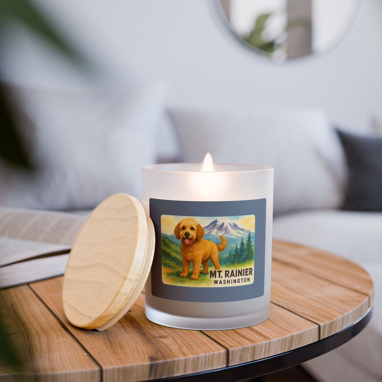 Mt. Rainier - Washington Golden Doodle Frosted Glass Candle