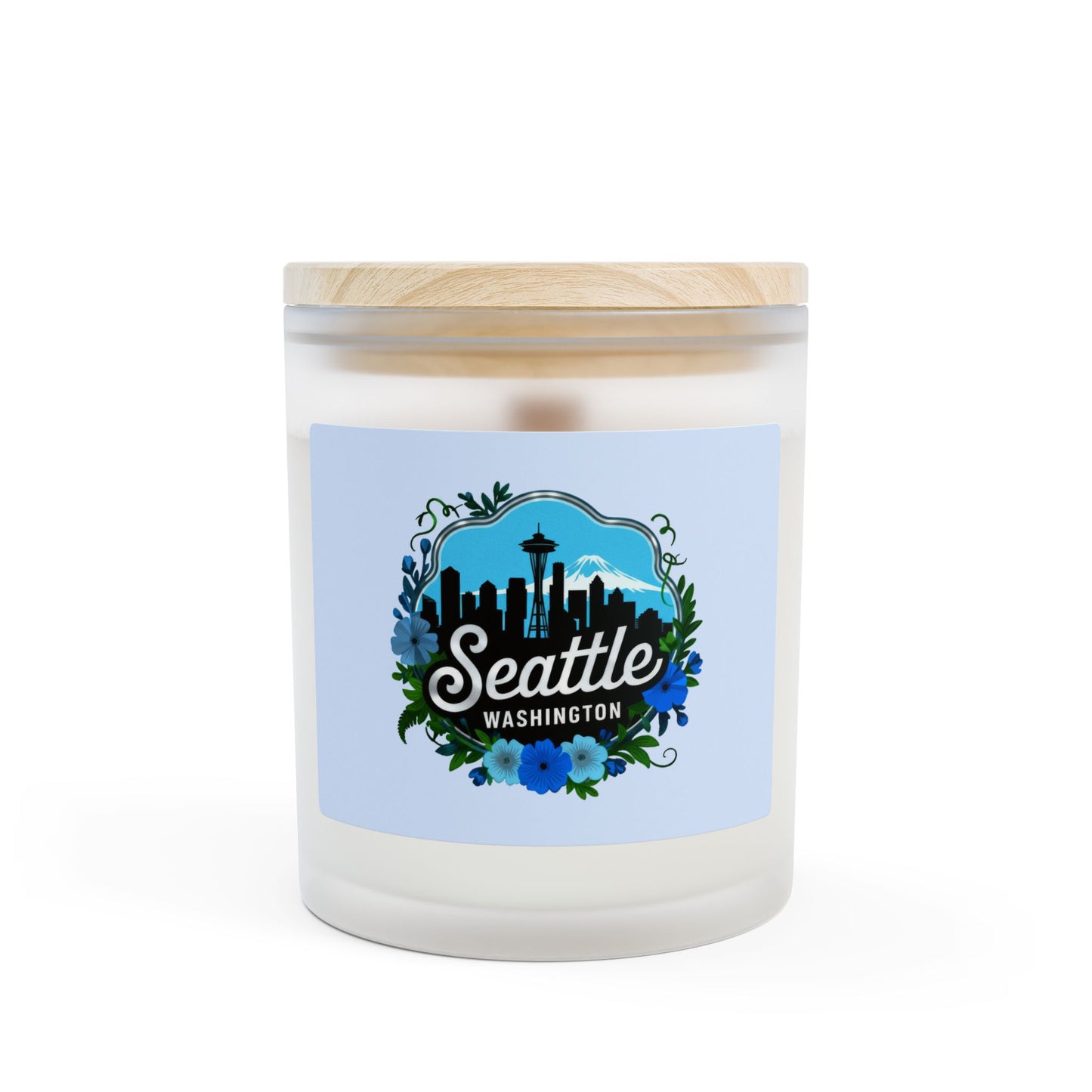 Floral Blue Seattle City Skyline Frosted Glass Candle