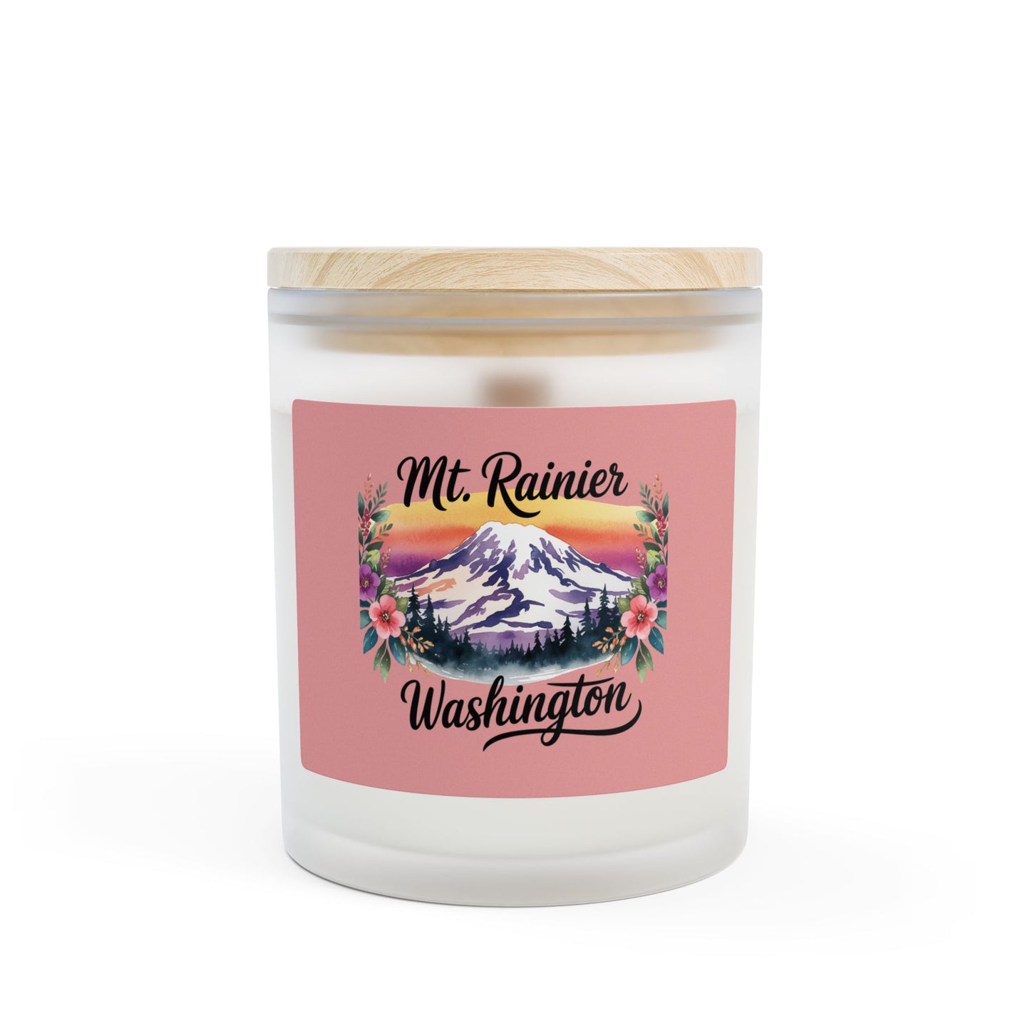 Mt. Rainier - Washington Floral Sunset Frosted Glass Candle