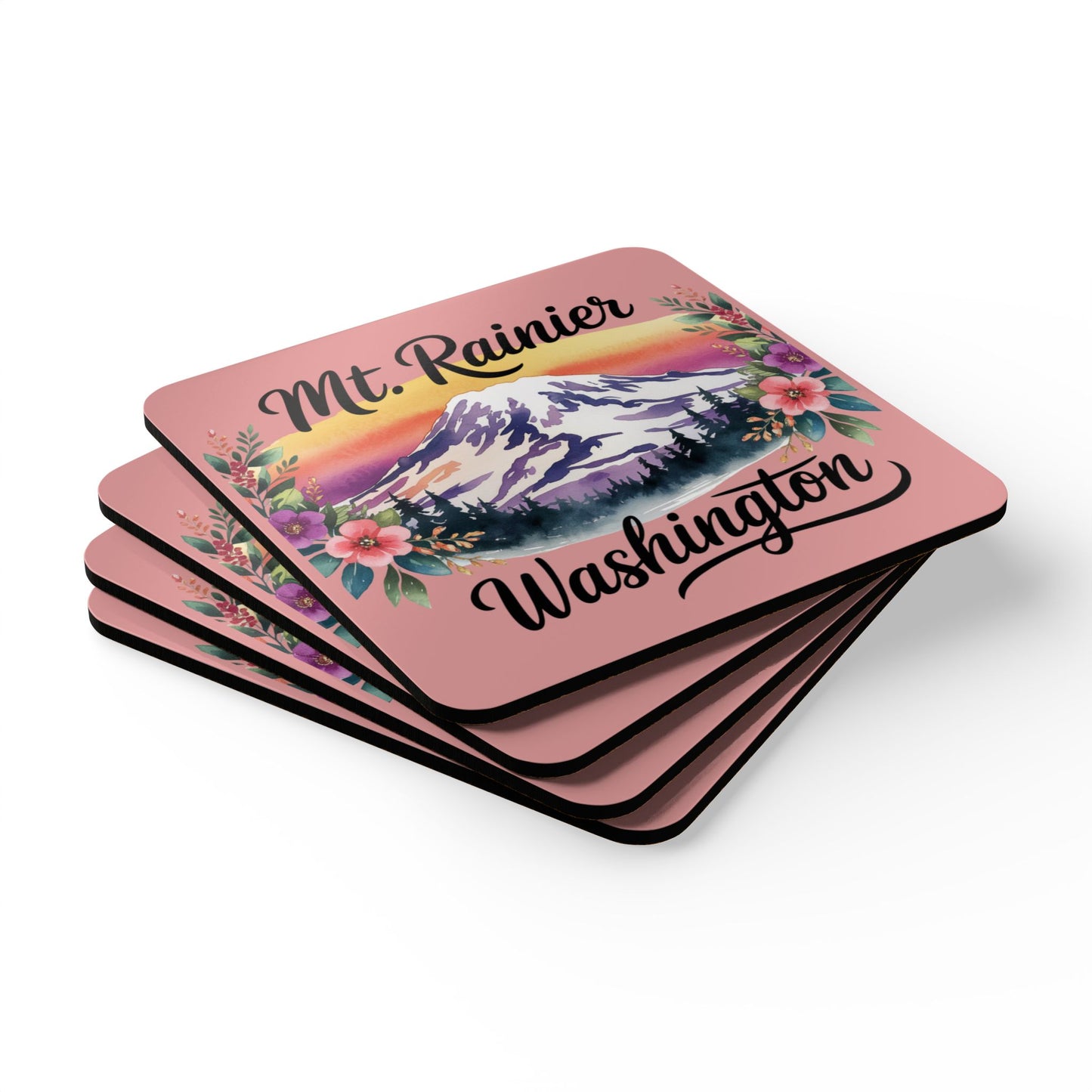 Mt. Rainier - Washington Floral Sunset Coaster Set