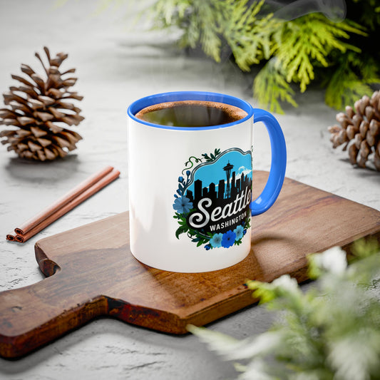Floral Blue Seattle City Skyline - Mug