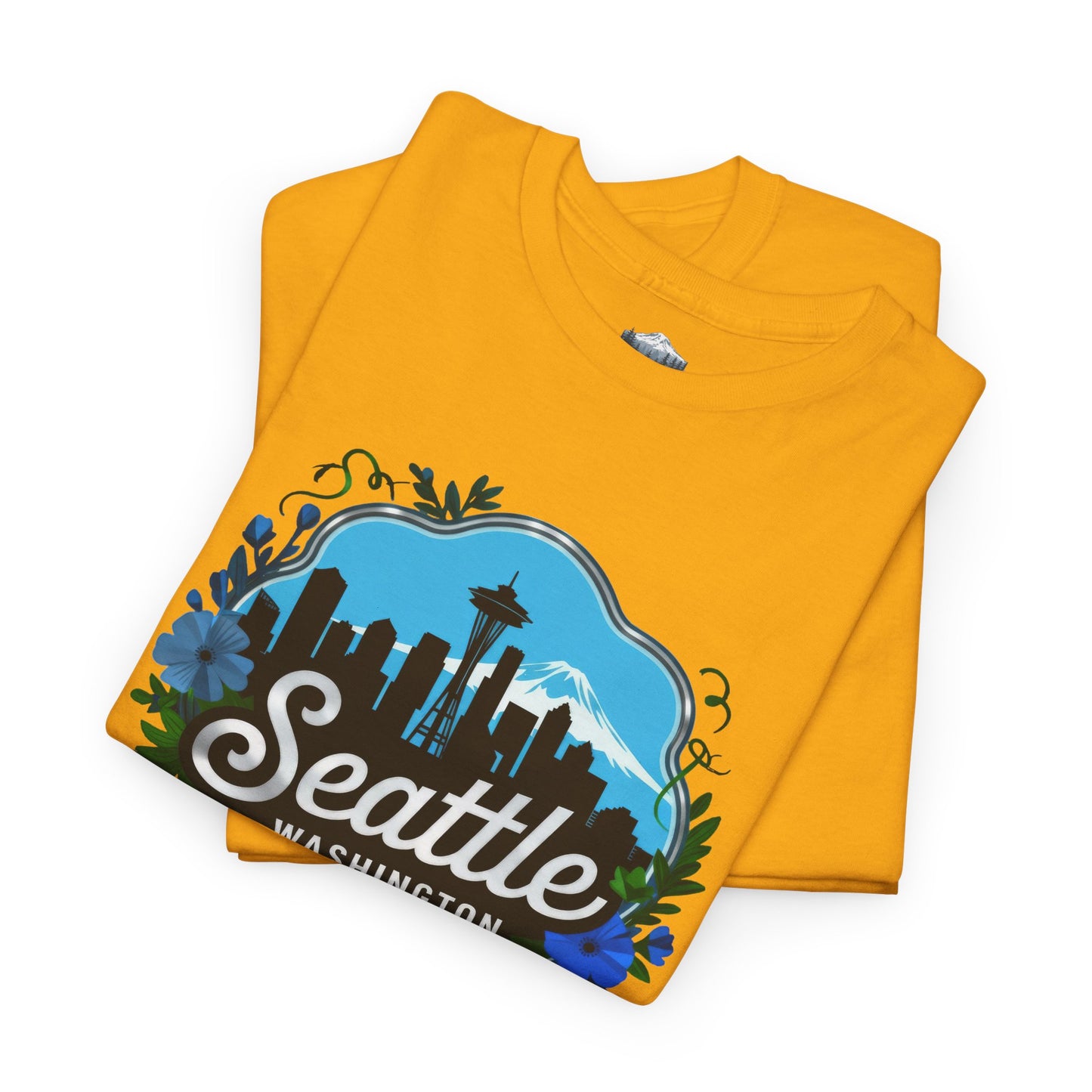 Floral Blue Seattle City Skyline T-Shirt
