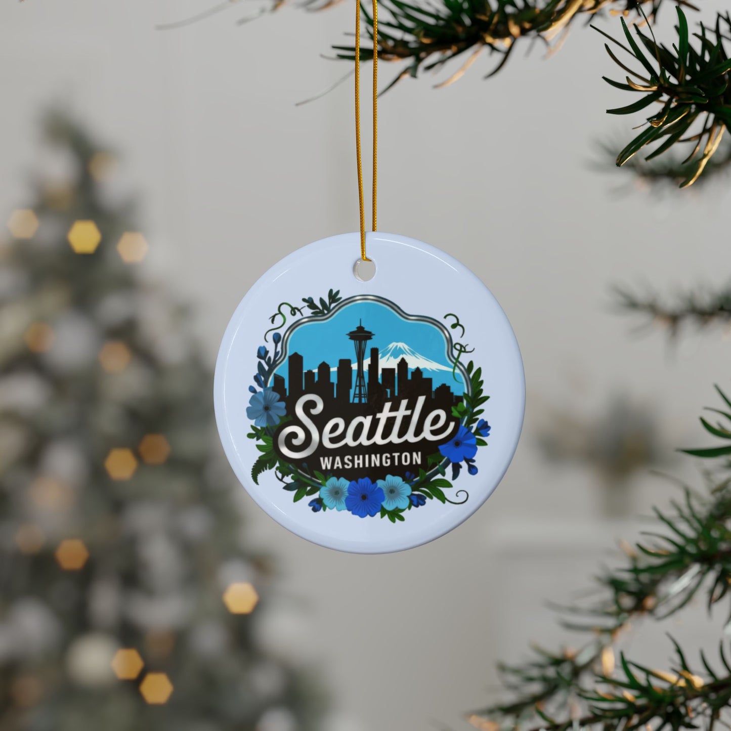 Floral Blue Seattle City Skyline Ornament