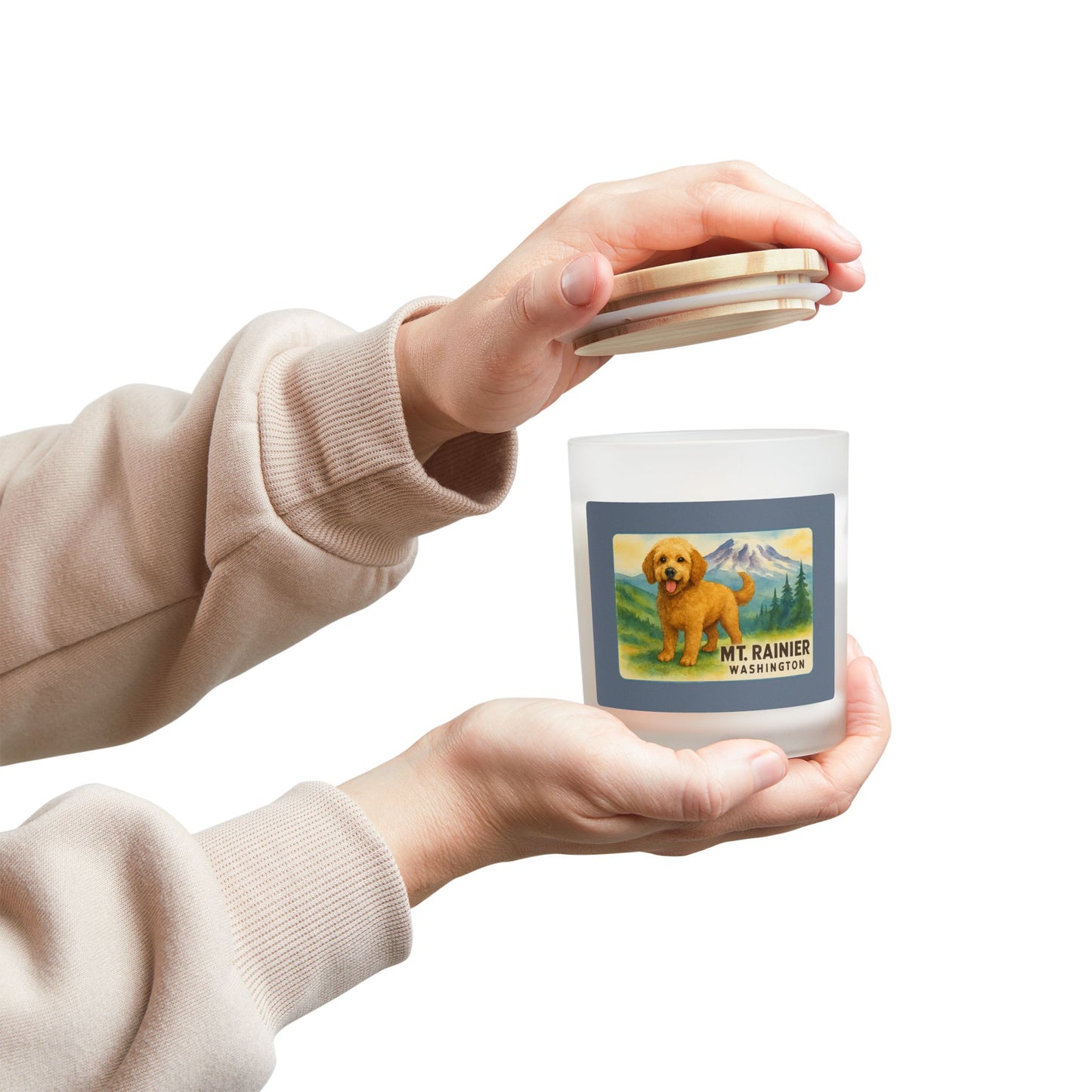 Mt. Rainier - Washington Golden Doodle Frosted Glass Candle
