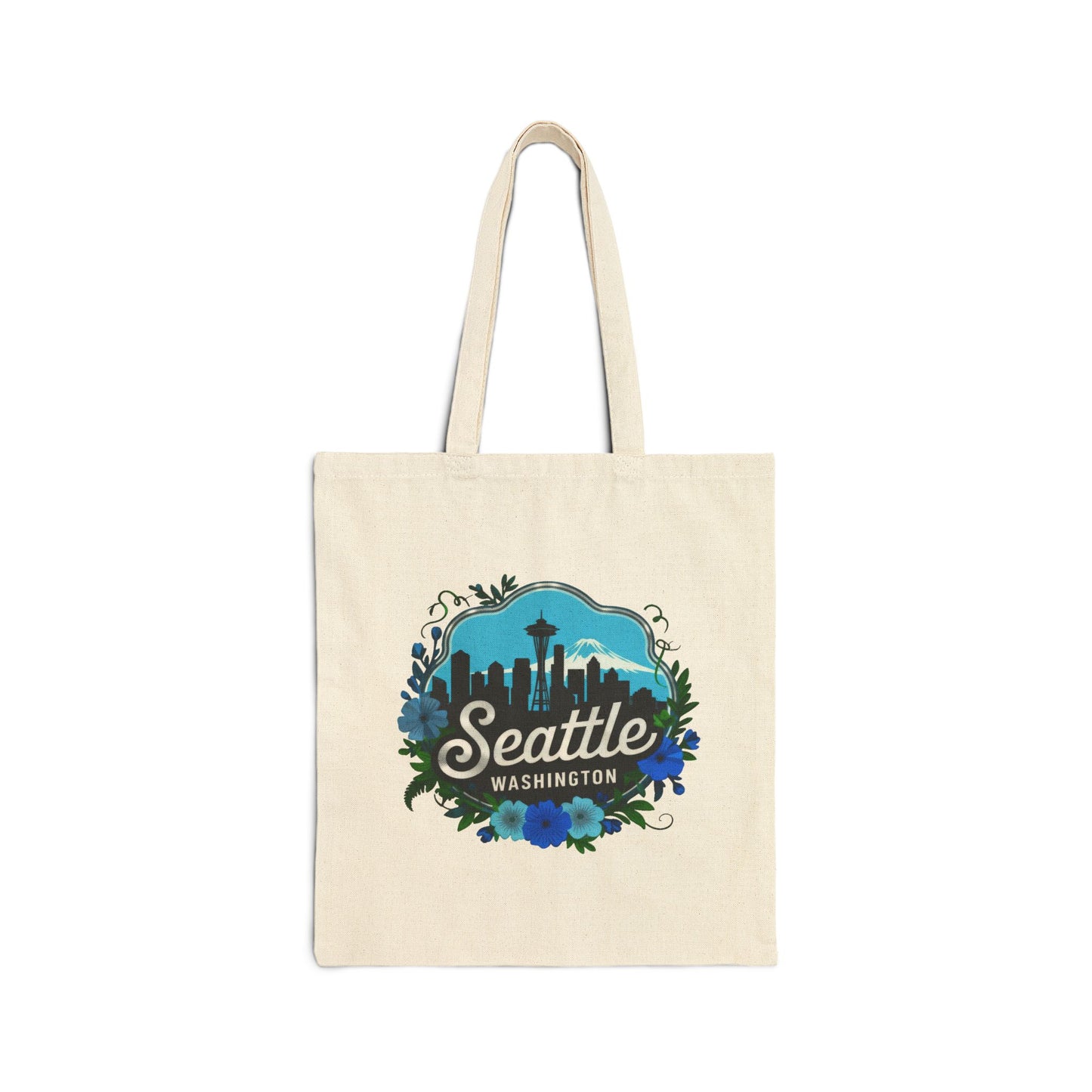 Floral Blue Seattle City Sklyline Canvas Tote Bag