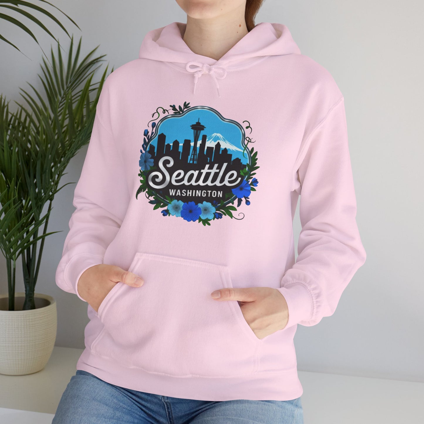 Floral Blue Seattle City Skyline Hoodie