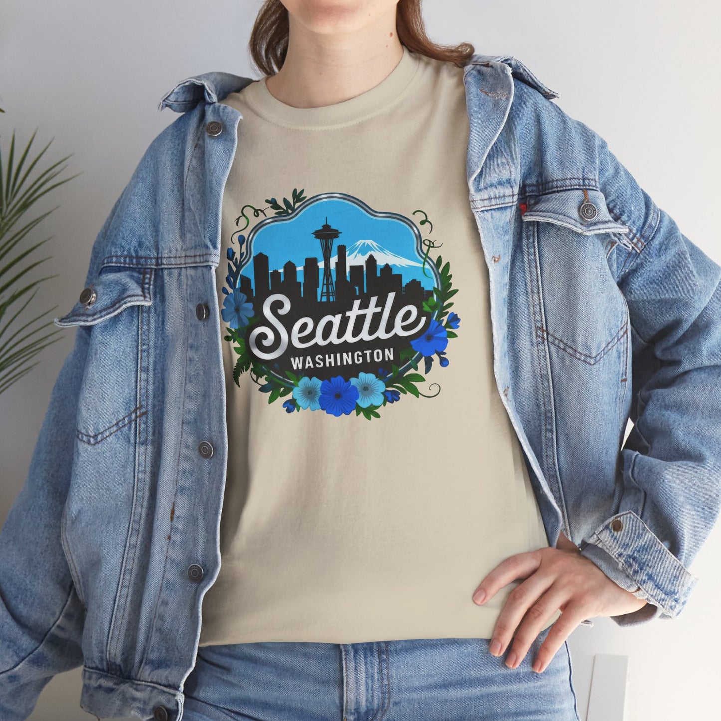 Floral Blue Seattle City Skyline T-Shirt