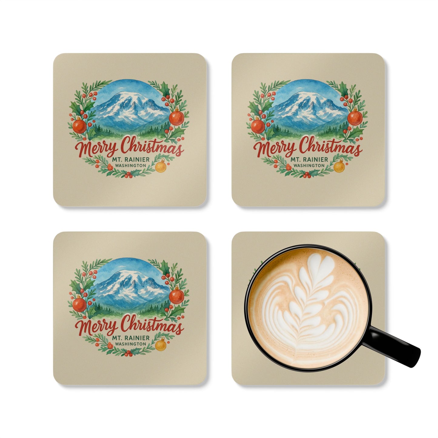 Mt. Rainier - Washington Merry Christmas Coaster Set