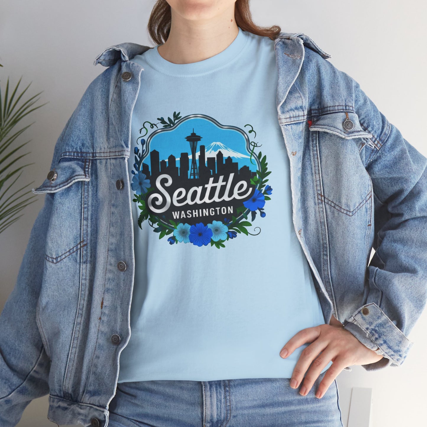 Floral Blue Seattle City Skyline T-Shirt