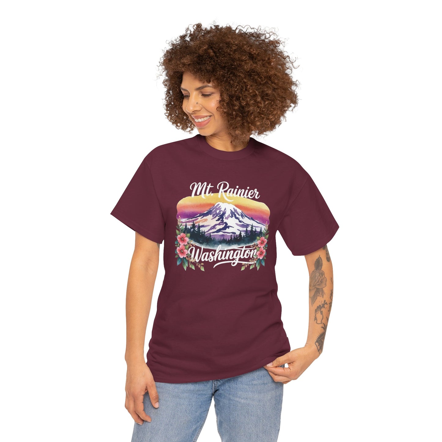 Mt. Rainier - Washington Floral Sunset T-Shirt