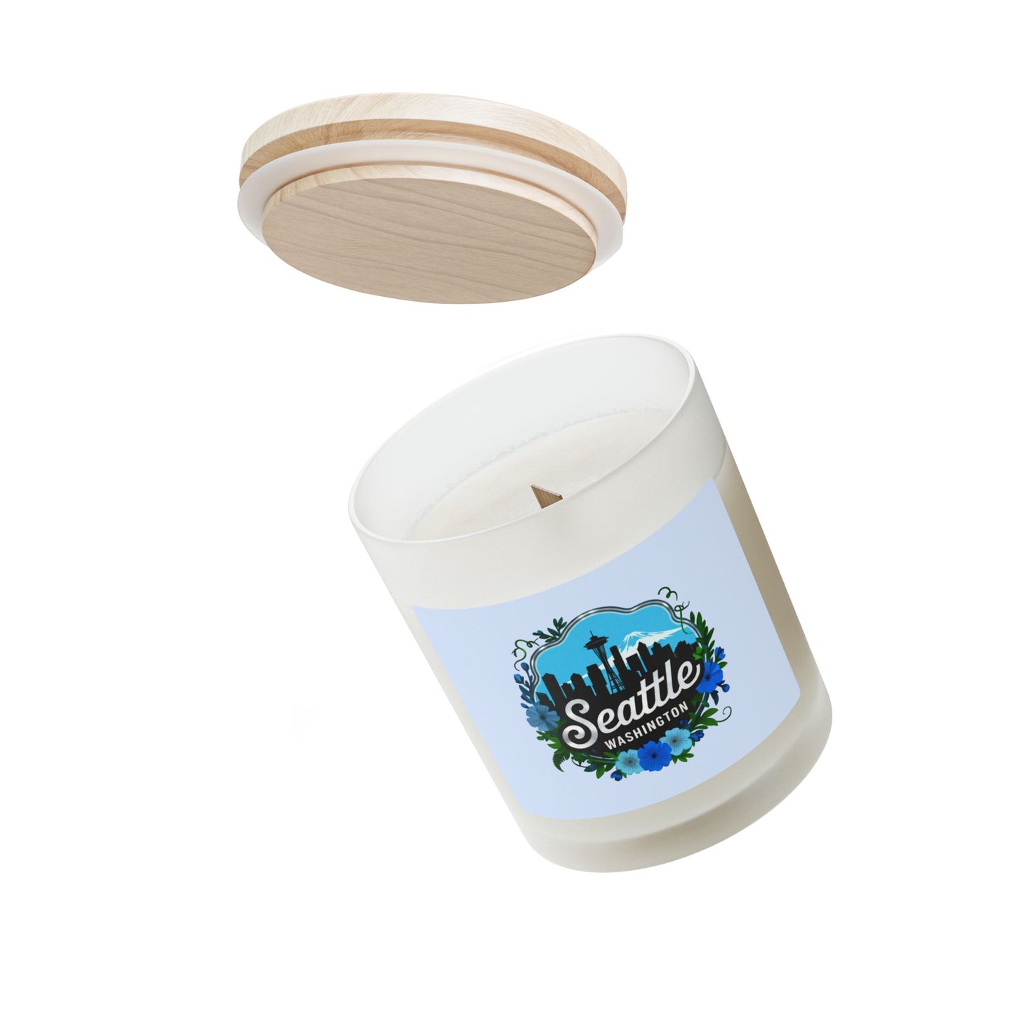 Floral Blue Seattle City Skyline Frosted Glass Candle