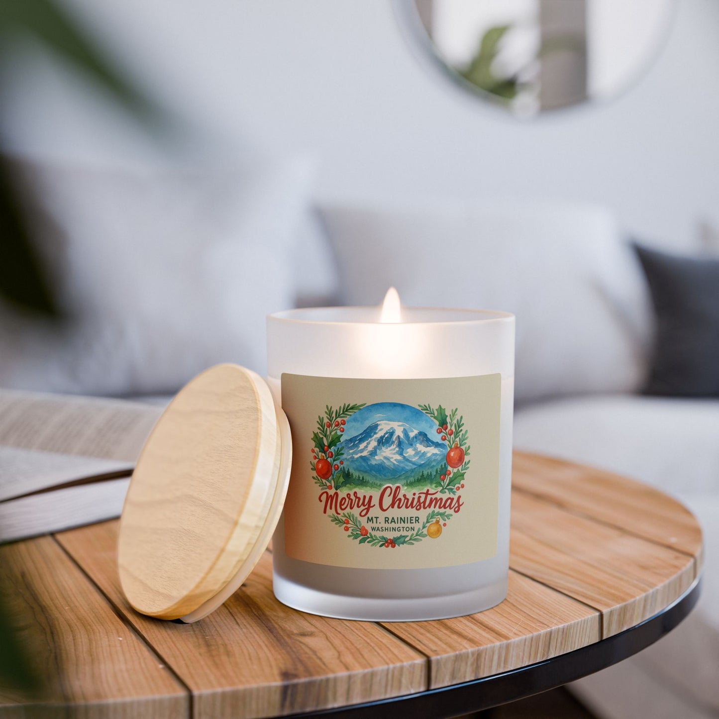 Mt. Rainier - Washington Merry Christmas Frosted Glass Candle