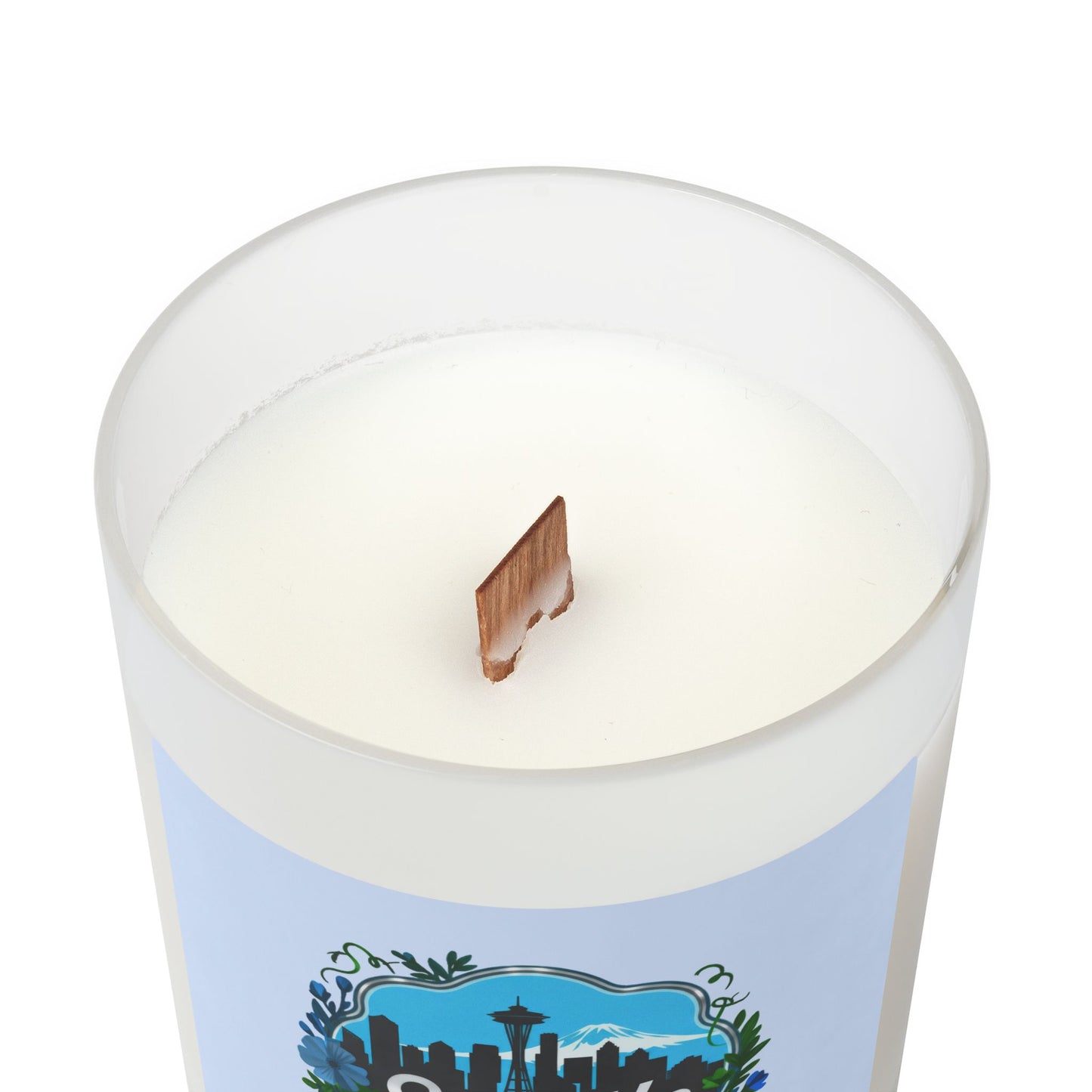 Floral Blue Seattle City Skyline Frosted Glass Candle