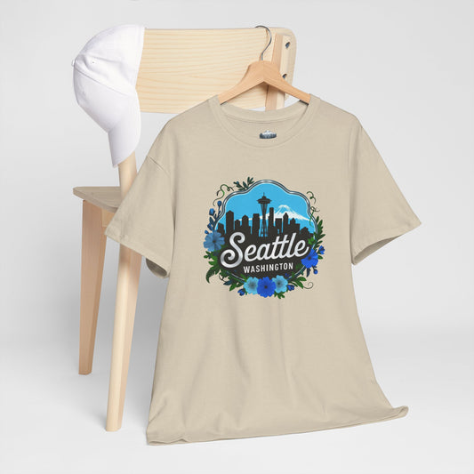 Floral Blue Seattle City Skyline T-Shirt