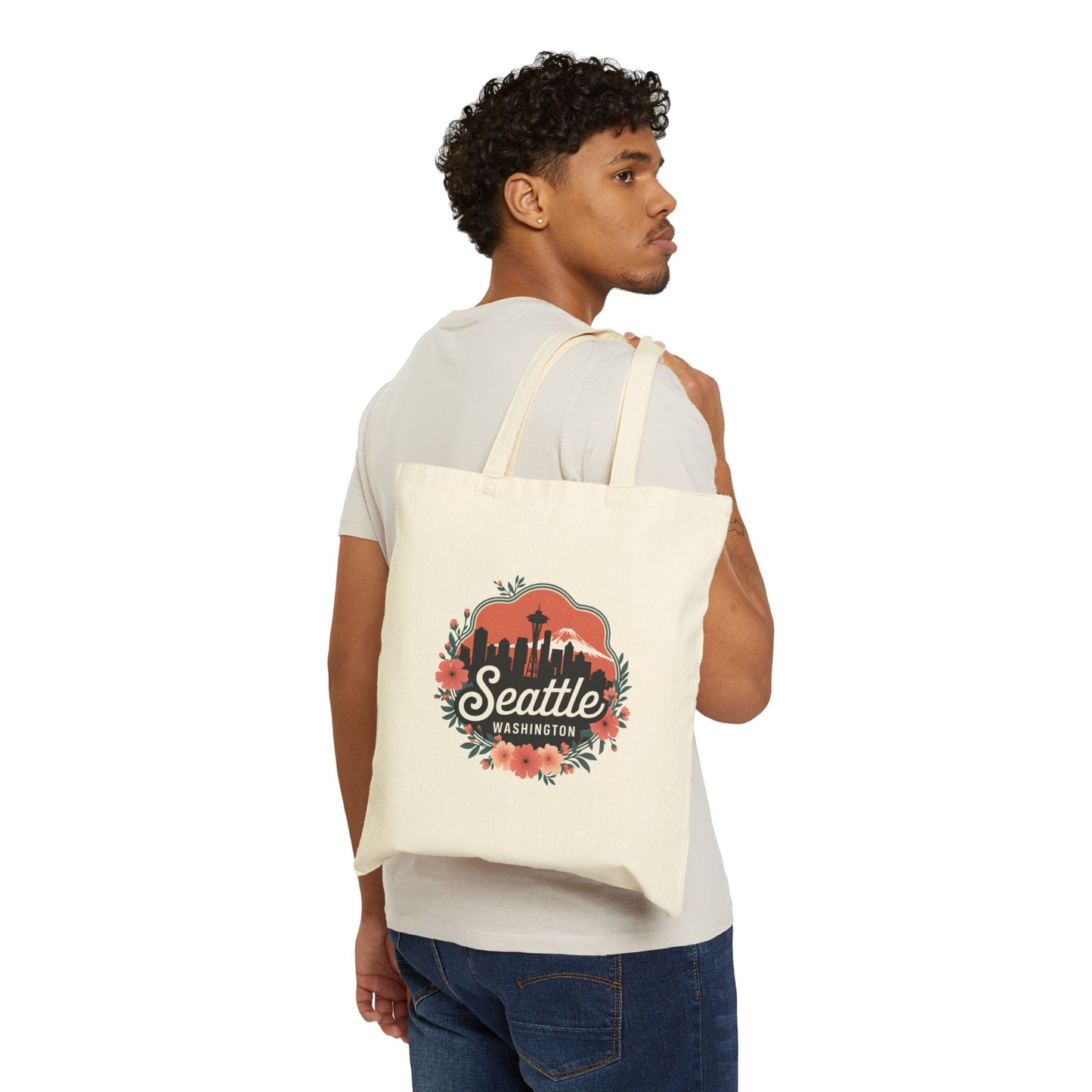 Floral Seattle City Skyline Canvas Tote Bag