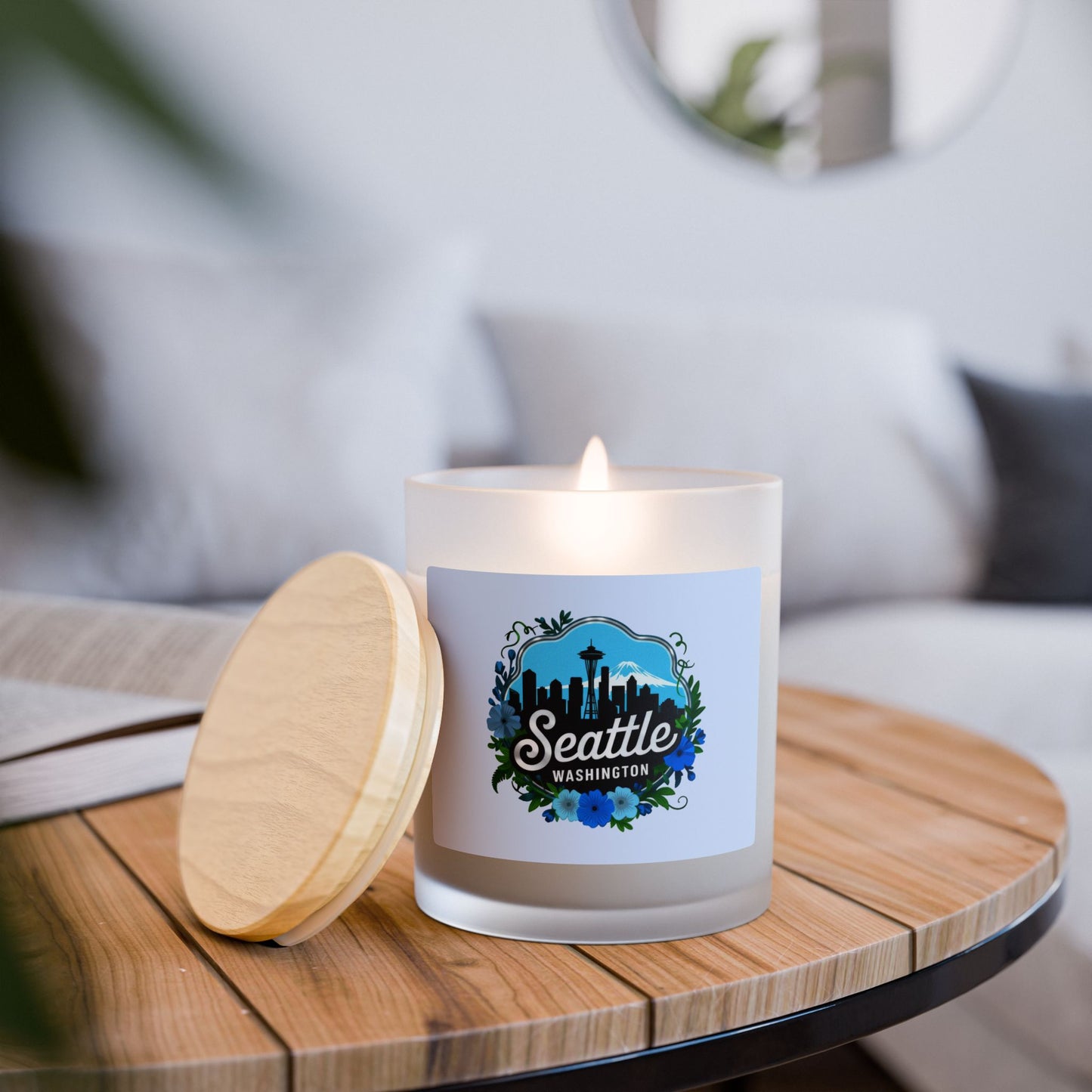 Floral Blue Seattle City Skyline Frosted Glass Candle