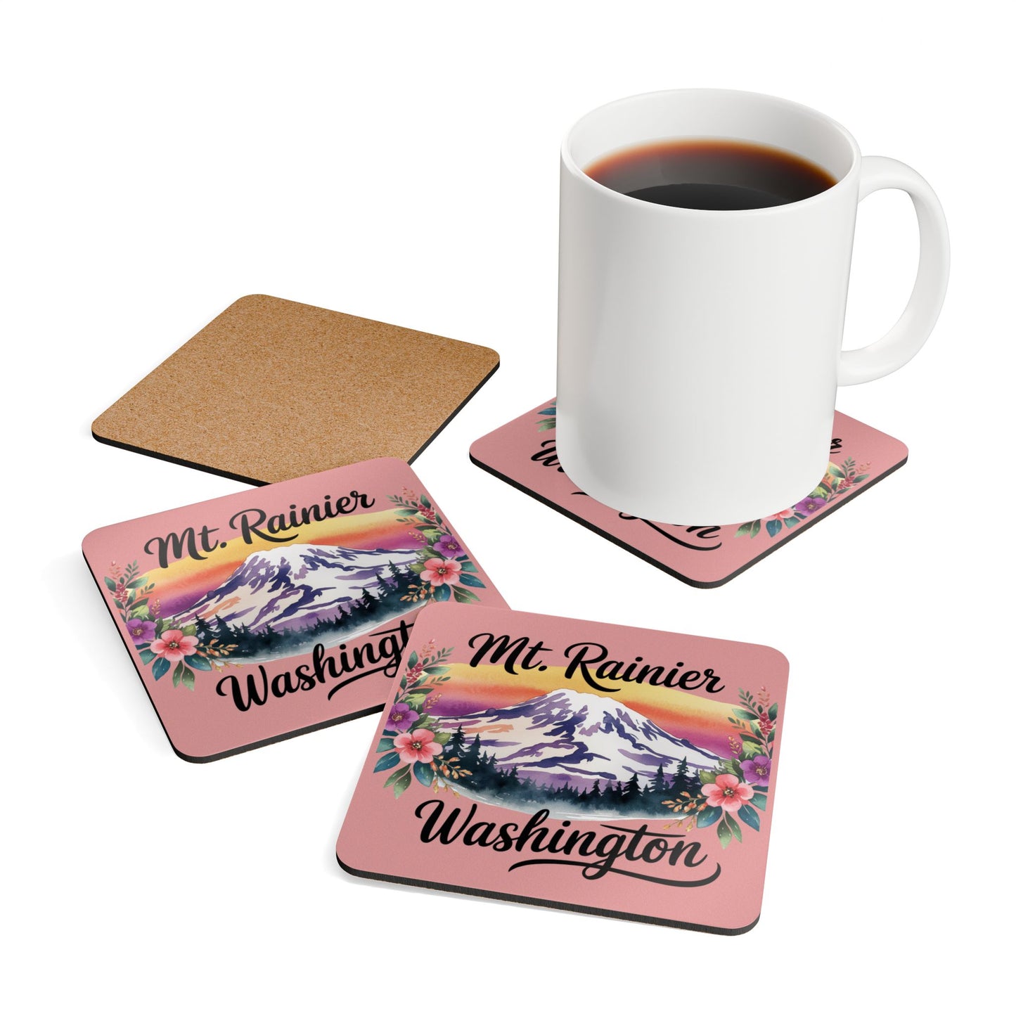 Mt. Rainier - Washington Floral Sunset Coaster Set