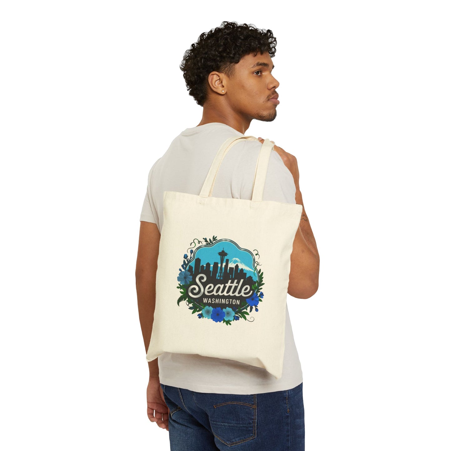 Floral Blue Seattle City Sklyline Canvas Tote Bag