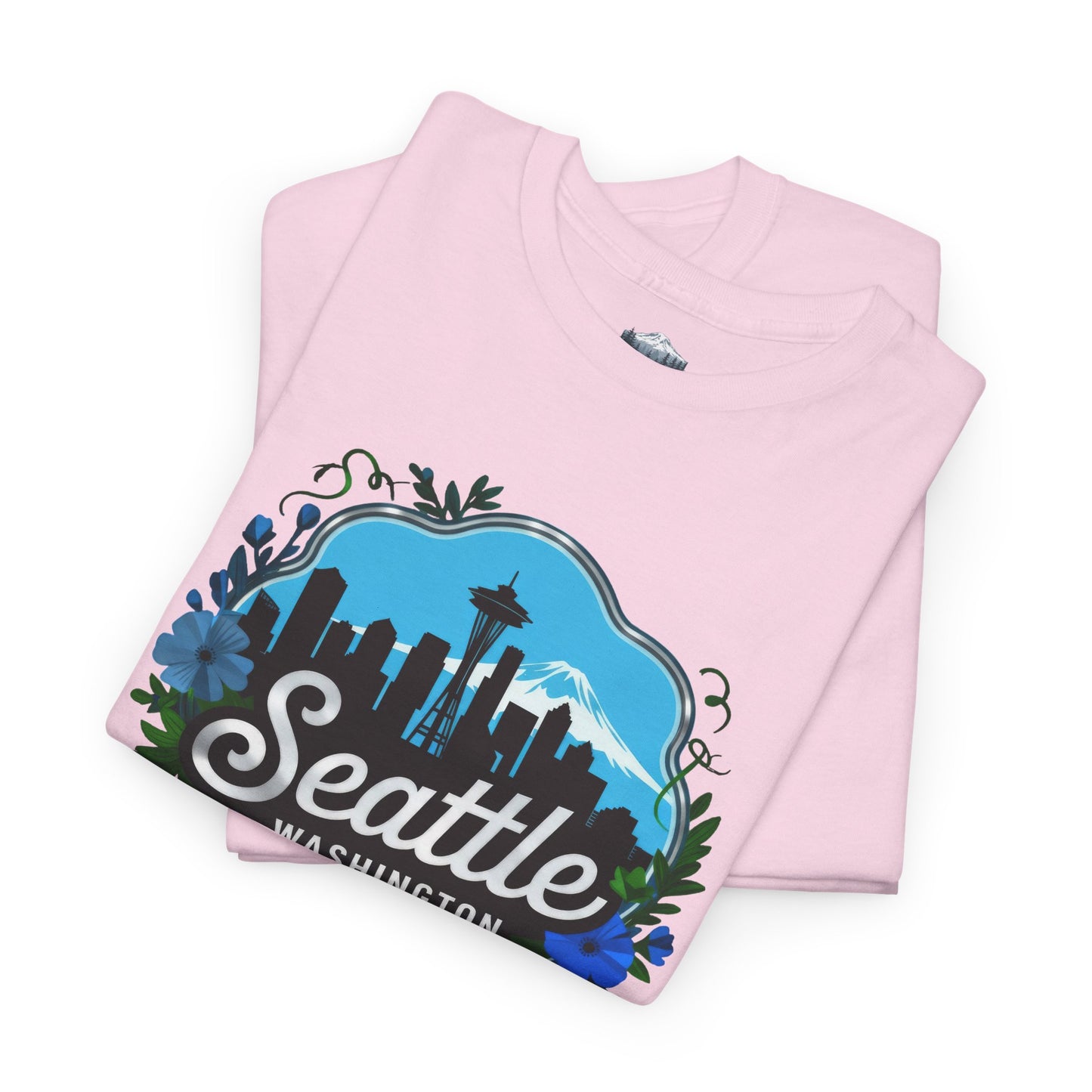 Floral Blue Seattle City Skyline T-Shirt