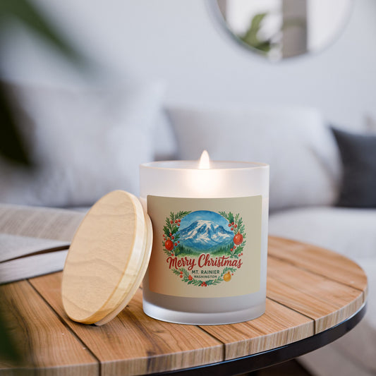Mt. Rainier - Washington Merry Christmas Frosted Glass Candle