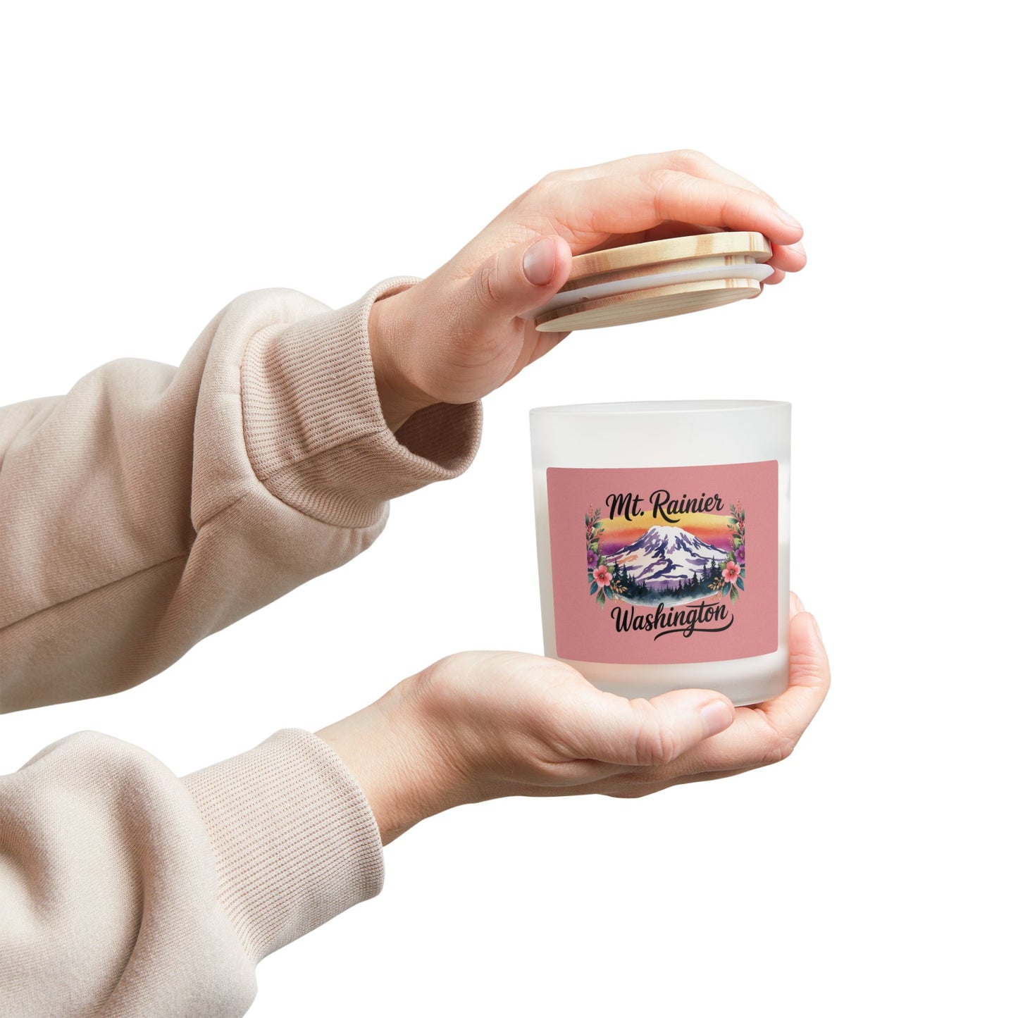 Mt. Rainier - Washington Floral Sunset Frosted Glass Candle