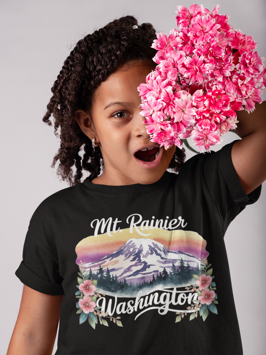 Mt. Rainier - Washington Floral Sunset Kids Tee