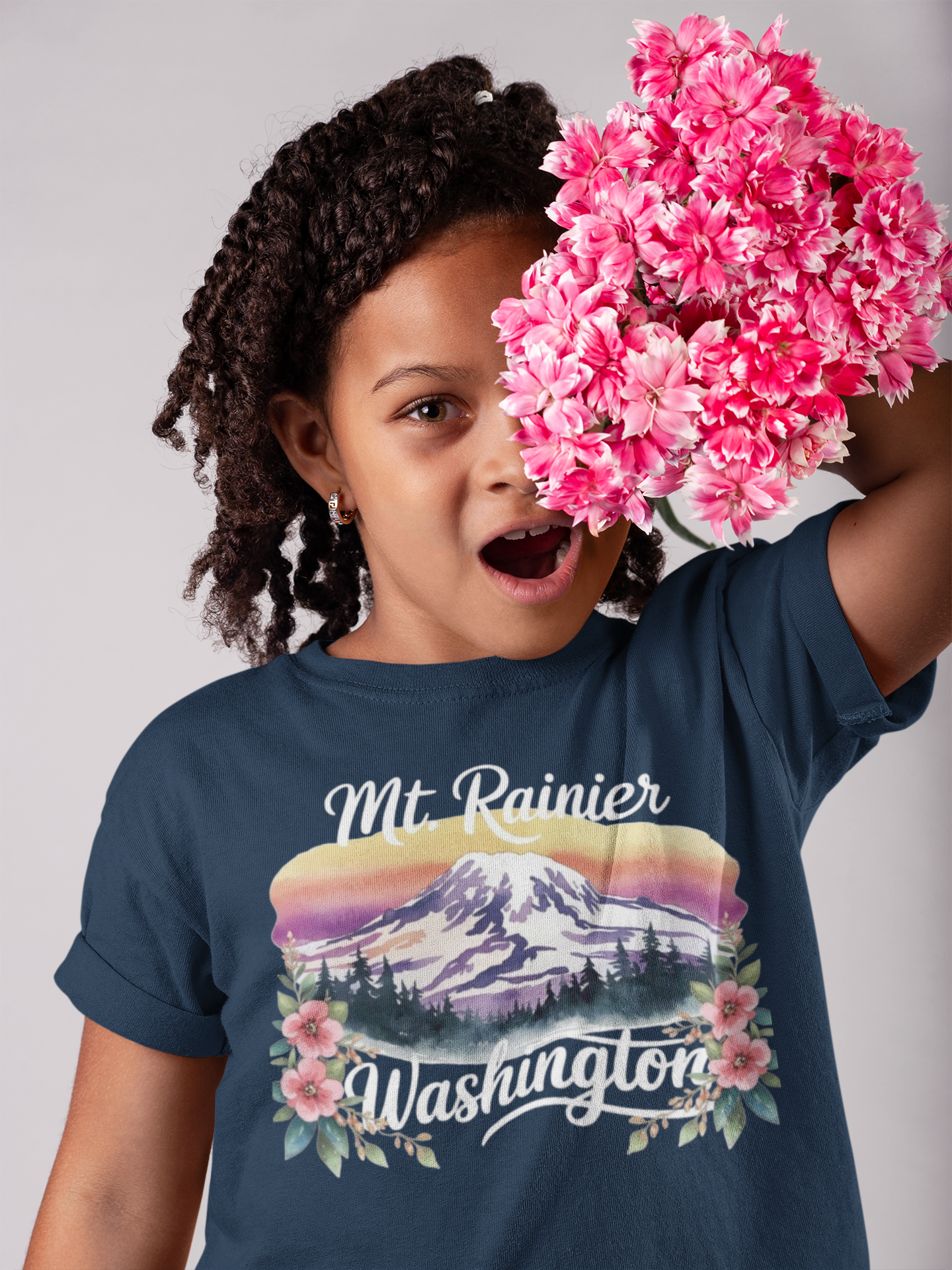 Mt. Rainier - Washington Floral Sunset Kids Tee