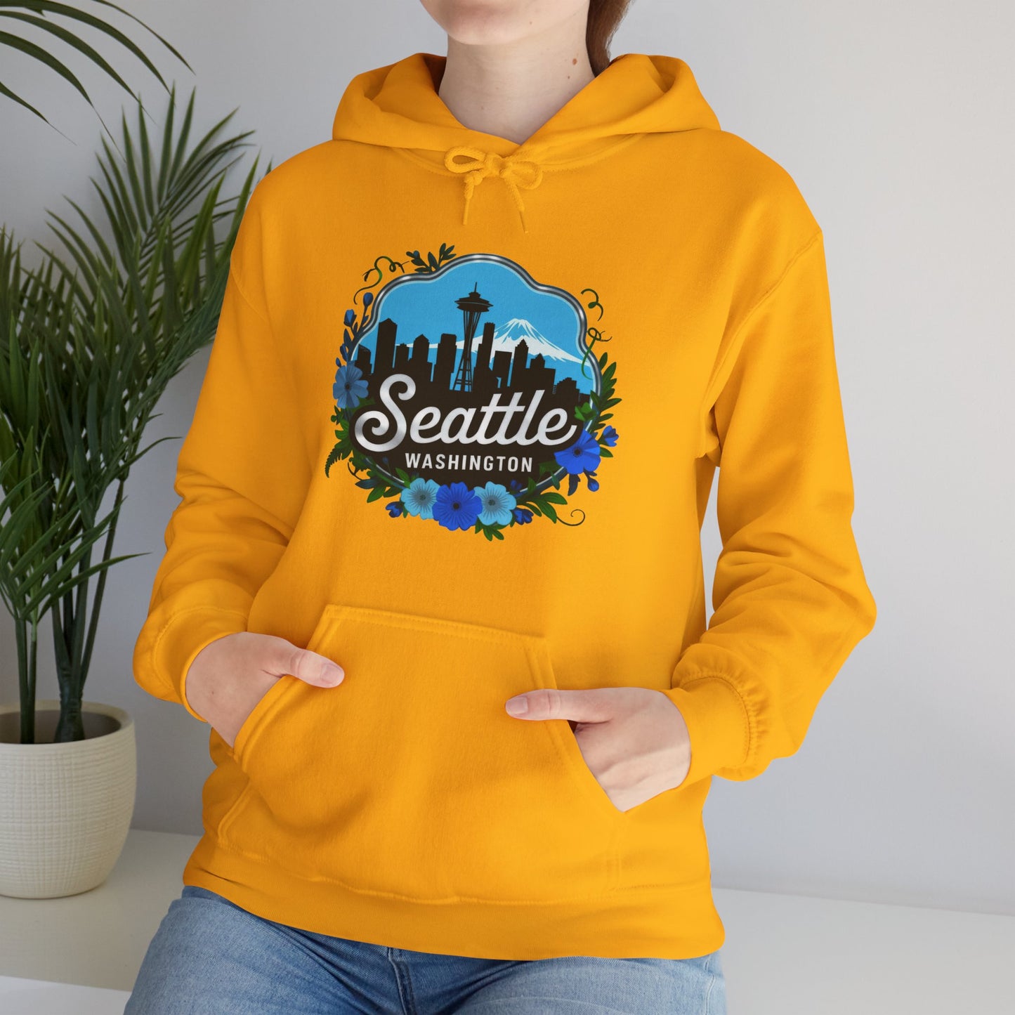 Floral Blue Seattle City Skyline Hoodie