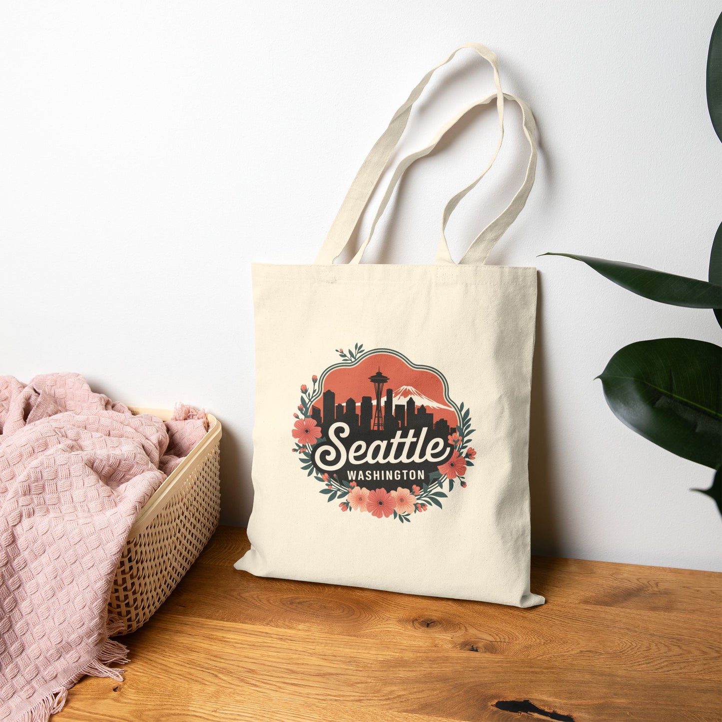 Floral Seattle City Skyline Canvas Tote Bag