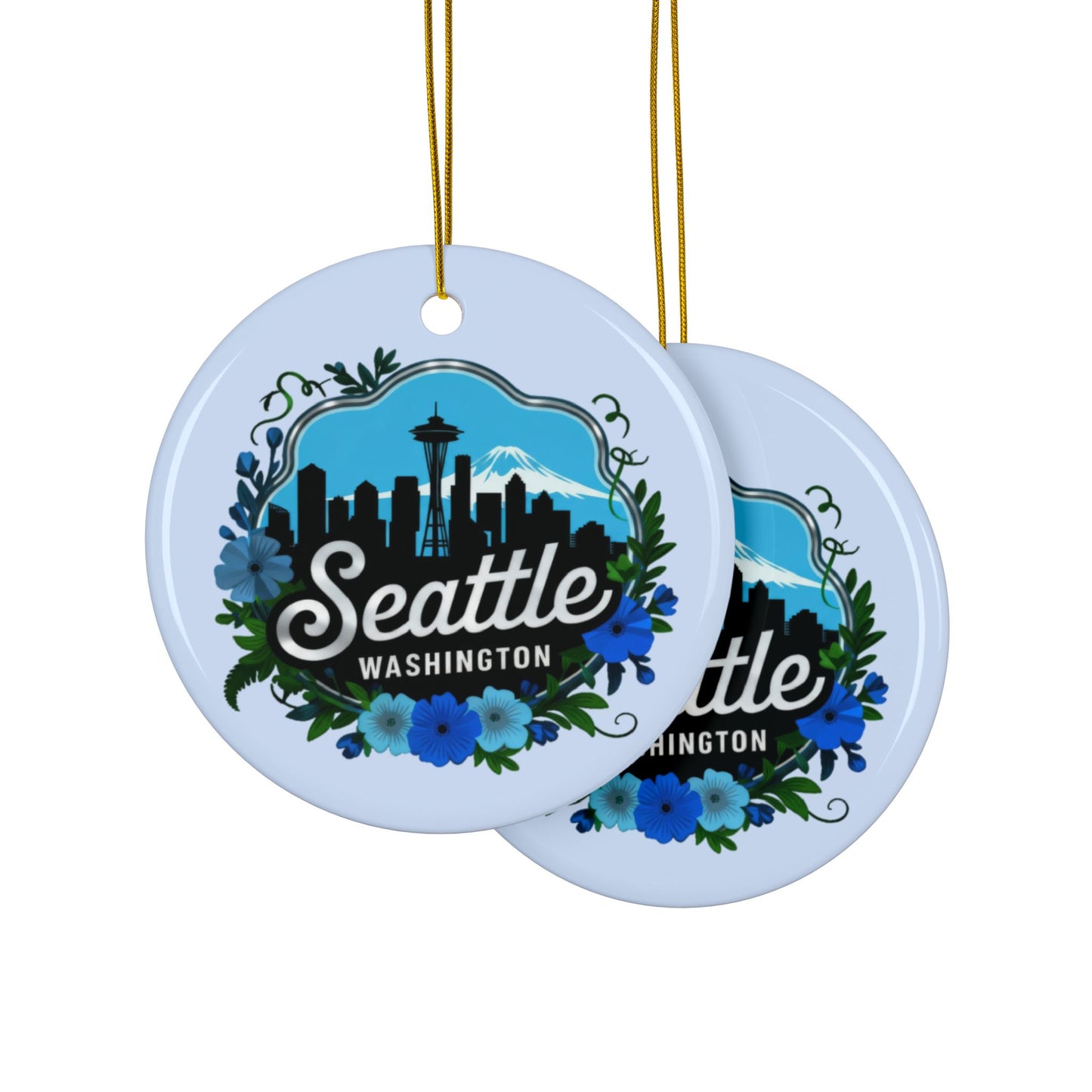 Floral Blue Seattle City Skyline Ornament
