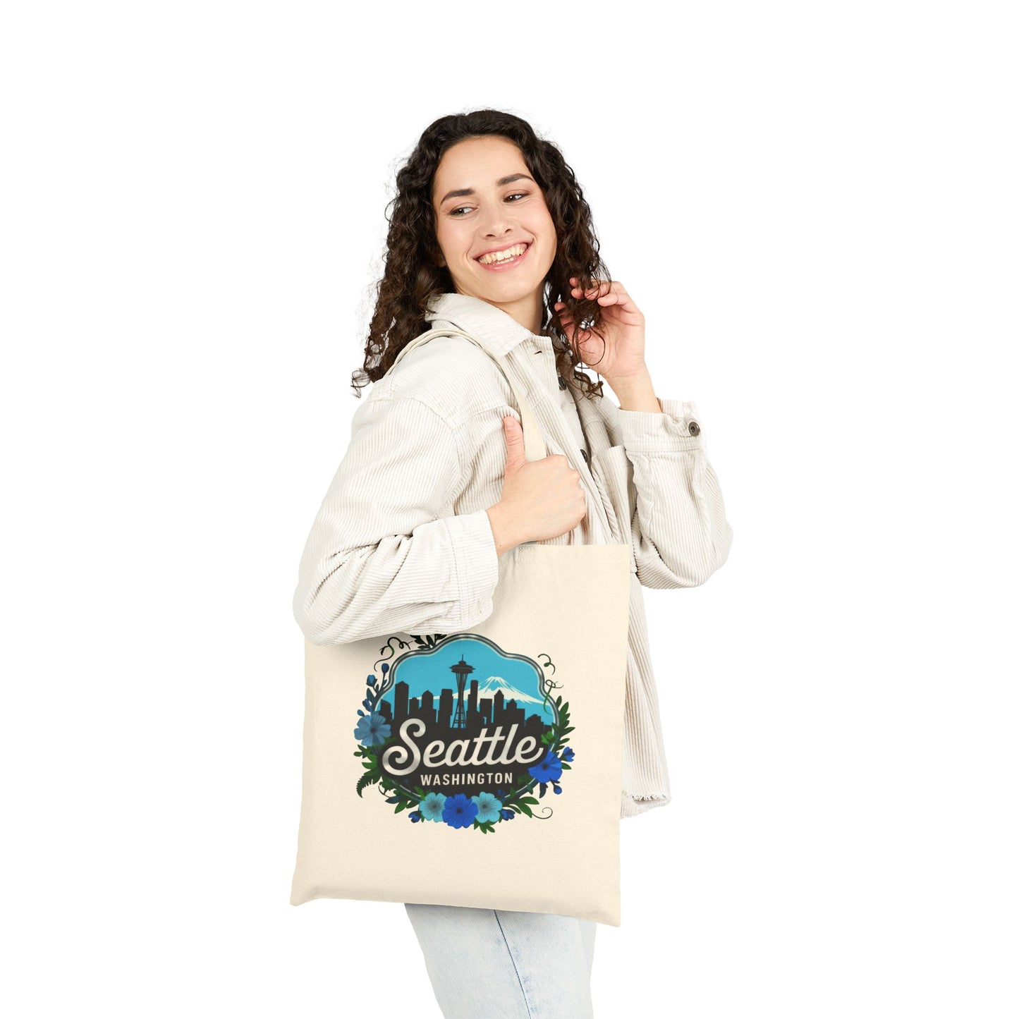Floral Blue Seattle City Sklyline Canvas Tote Bag