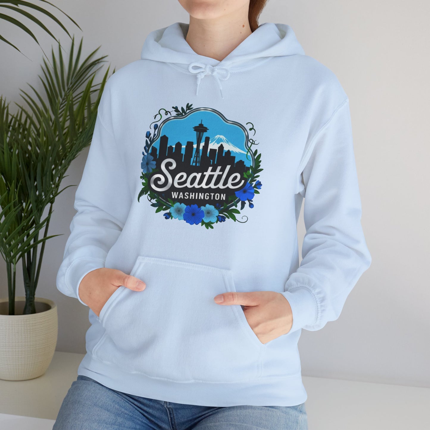 Floral Blue Seattle City Skyline Hoodie