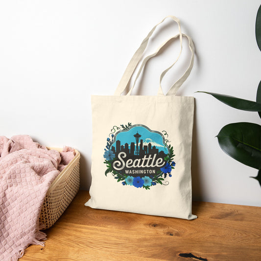 Floral Blue Seattle City Sklyline Canvas Tote Bag