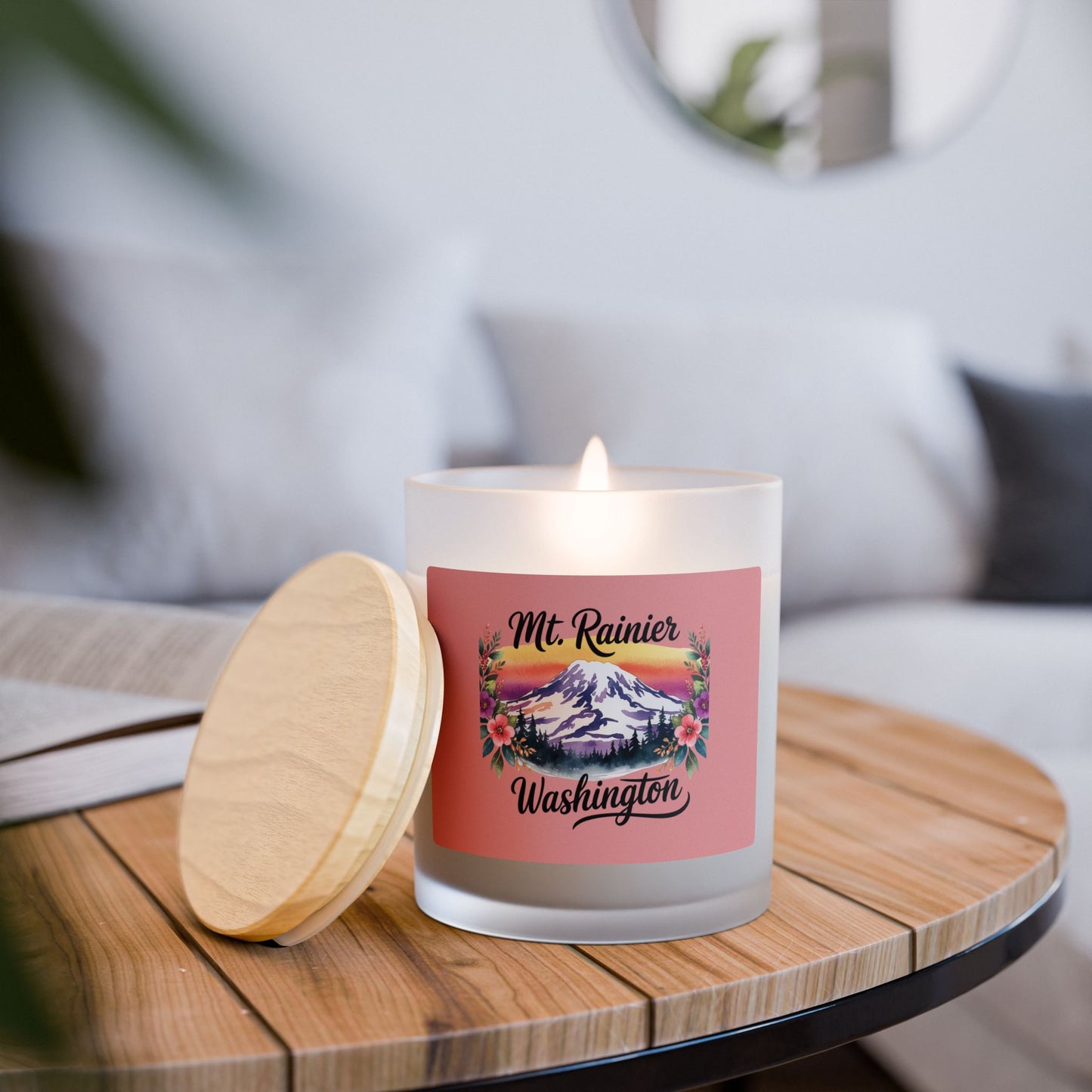 Mt. Rainier - Washington Floral Sunset Frosted Glass Candle
