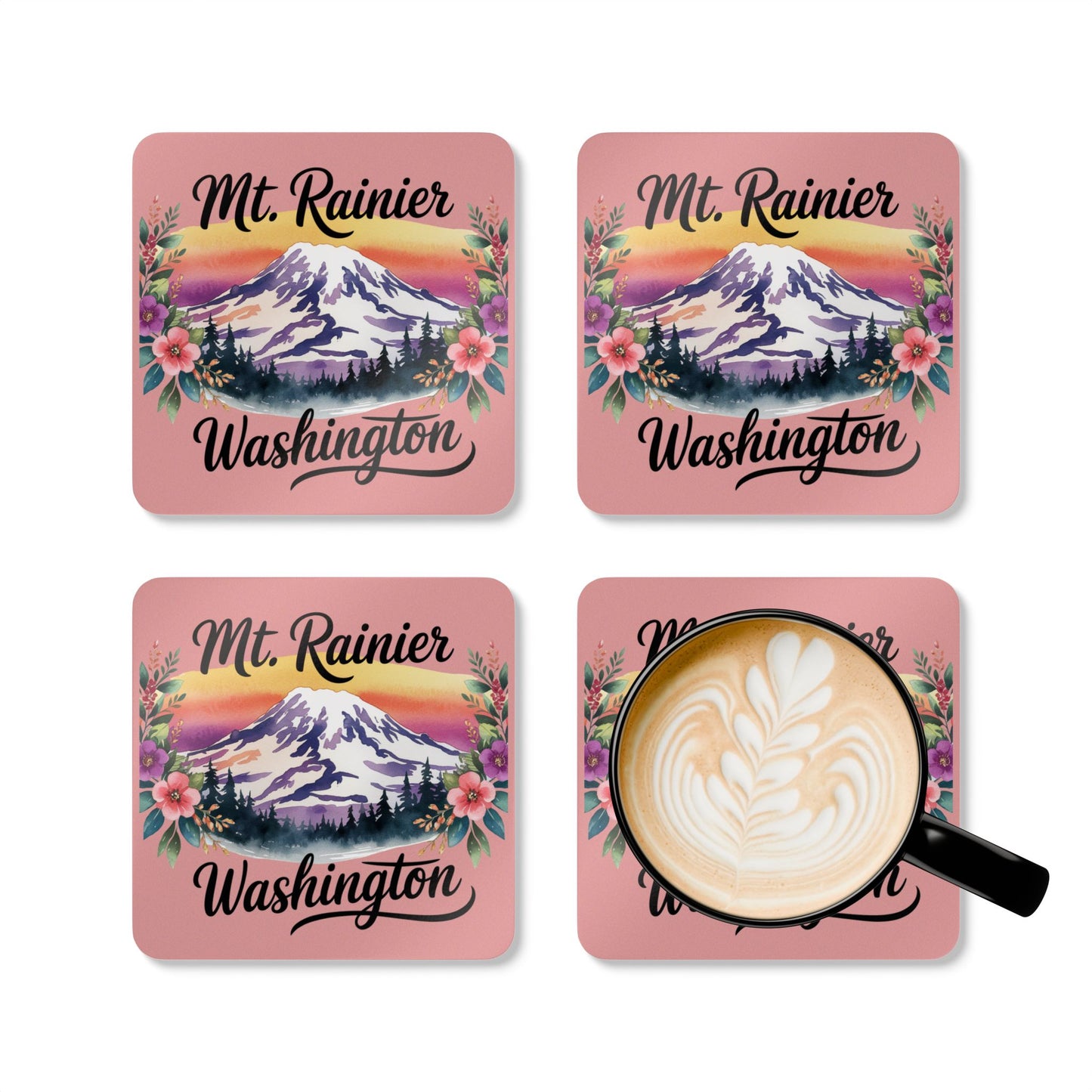 Mt. Rainier - Washington Floral Sunset Coaster Set