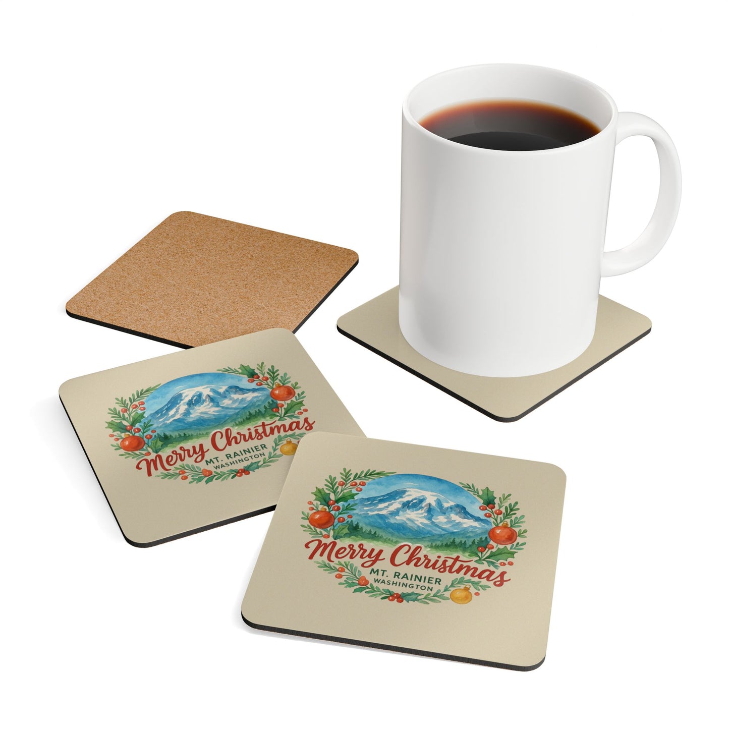 Mt. Rainier - Washington Merry Christmas Coaster Set