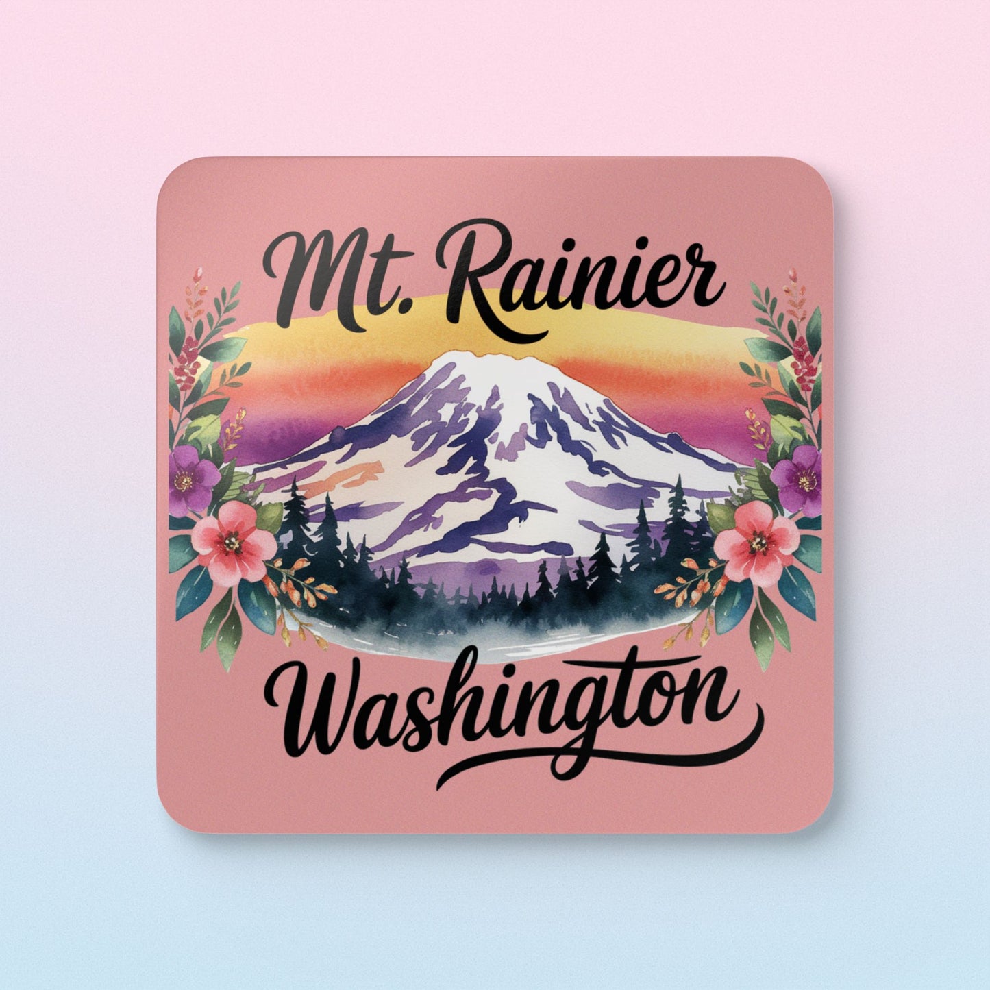 Mt. Rainier - Washington Floral Sunset Coaster Set