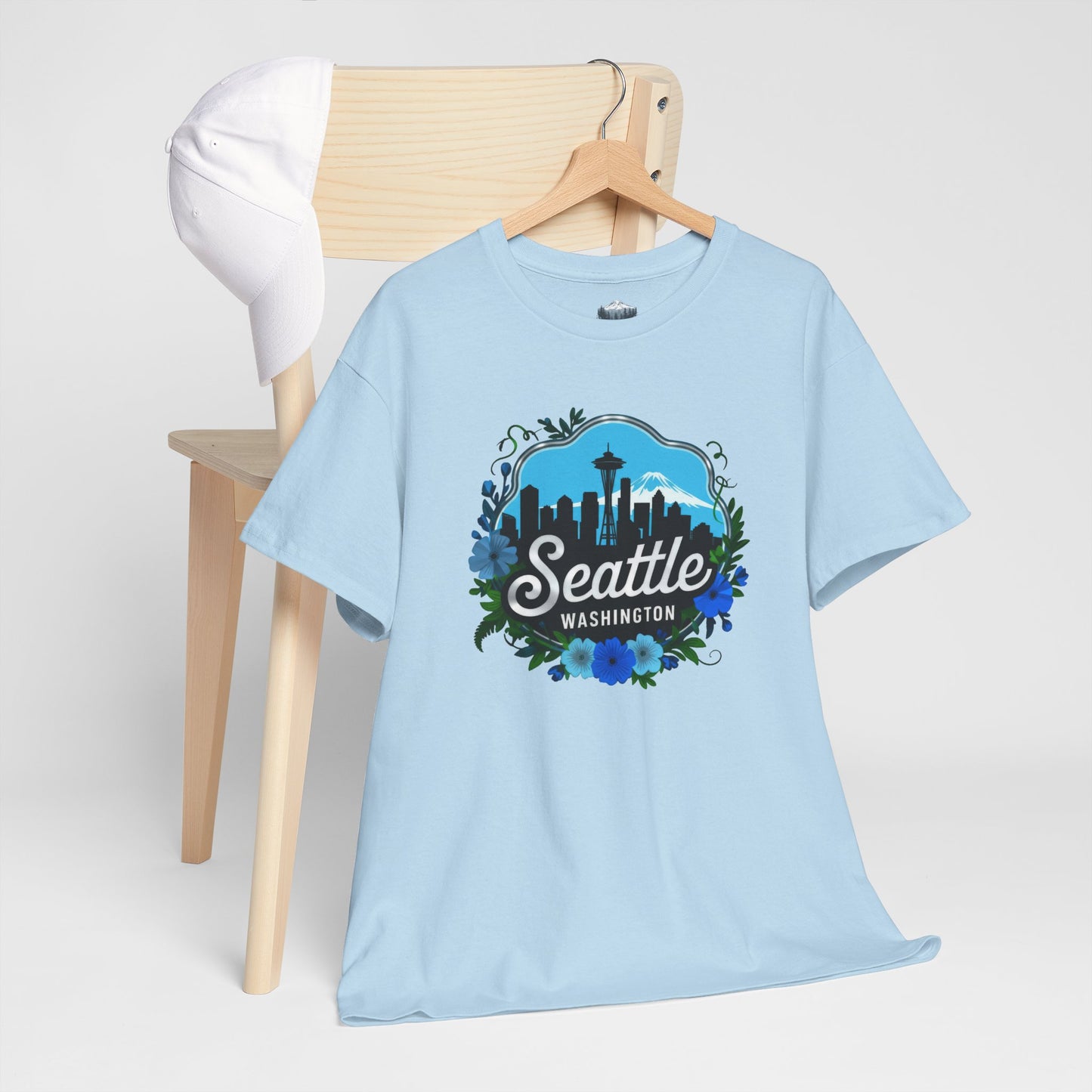 Floral Blue Seattle City Skyline T-Shirt