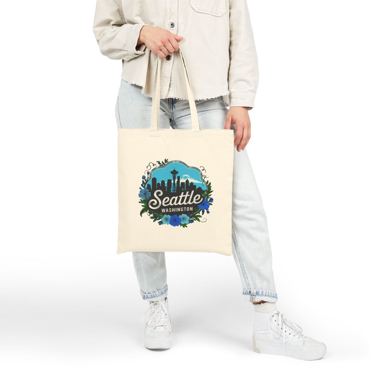 Floral Blue Seattle City Sklyline Canvas Tote Bag