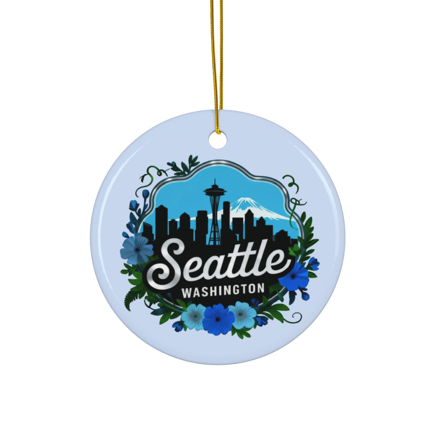 Floral Blue Seattle City Skyline Ornament