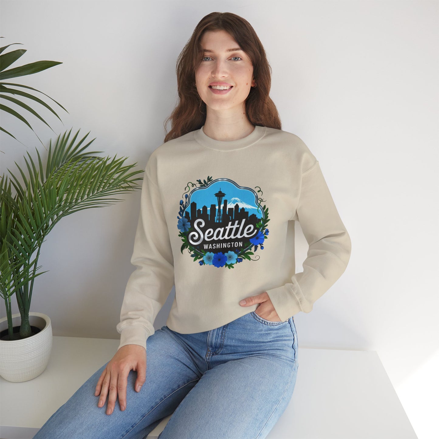 Floral Blue Seattle City Skyline Sweatshirt