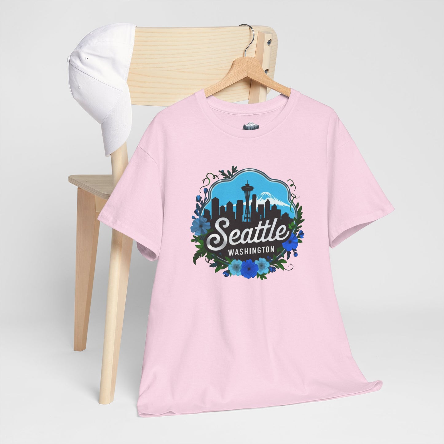 Floral Blue Seattle City Skyline T-Shirt