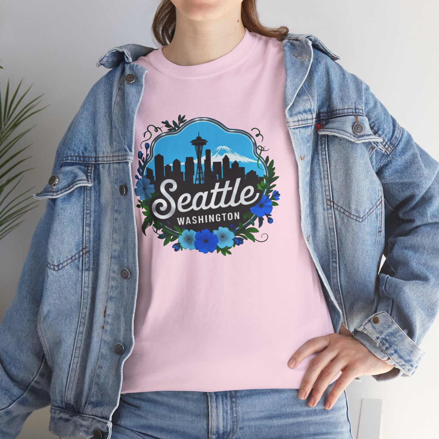 Floral Blue Seattle City Skyline T-Shirt